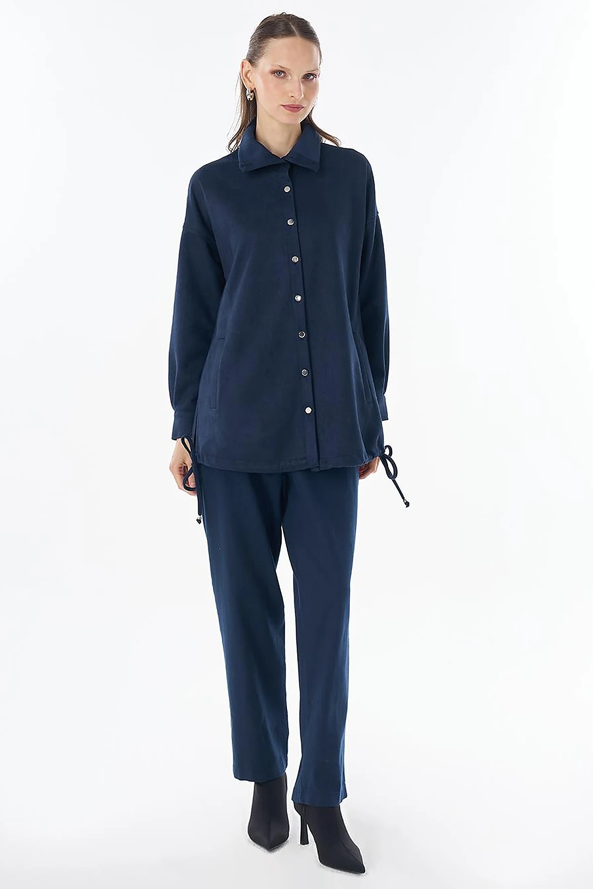 Stand Collar Suede Tunic - Navy