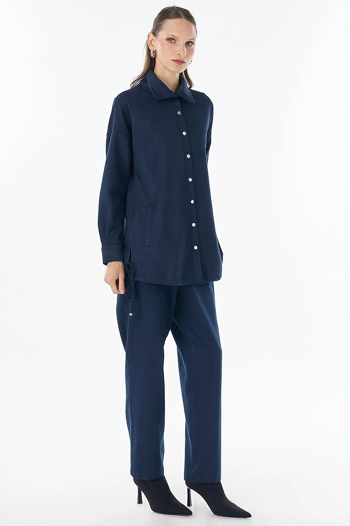 Stand Collar Suede Tunic - Navy