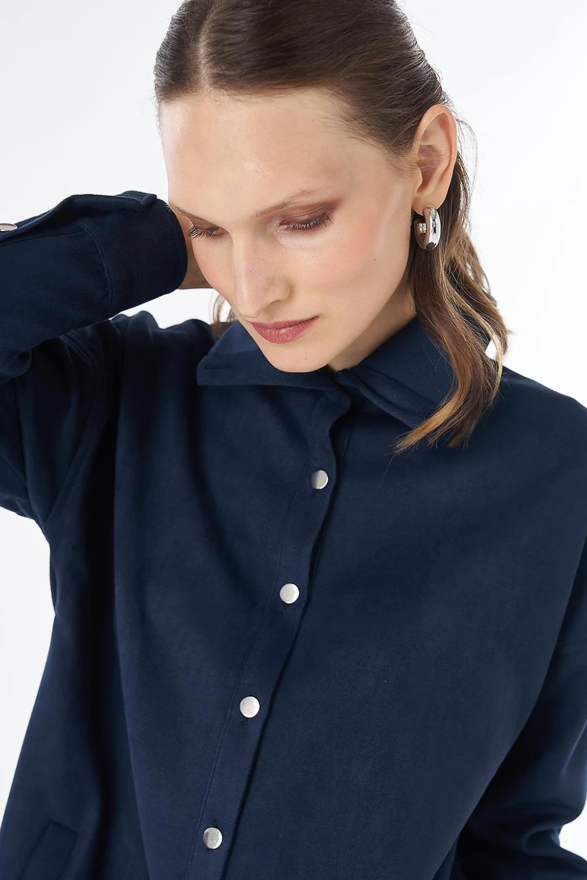 Stand Collar Suede Tunic - Navy