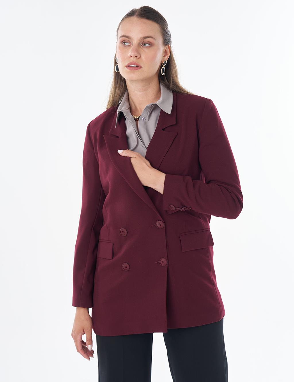 Cover Pocket Crepe Blazer Jacket Burgundy