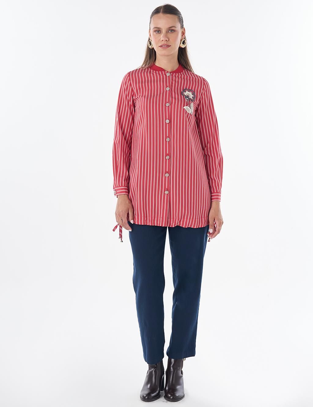 Embroidered Striped Tunic - Red