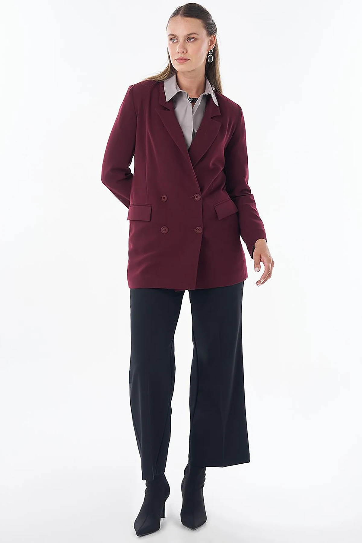 Cover Pocket Crepe Blazer Jacket Burgundy