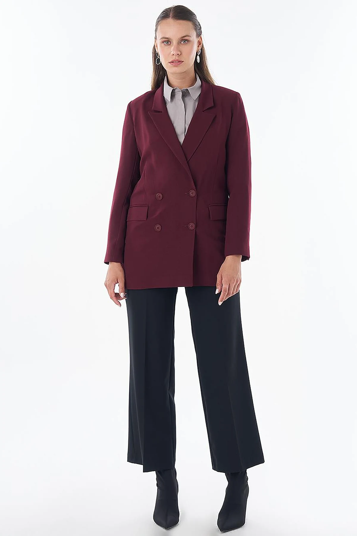 Cover Pocket Crepe Blazer Jacket Burgundy