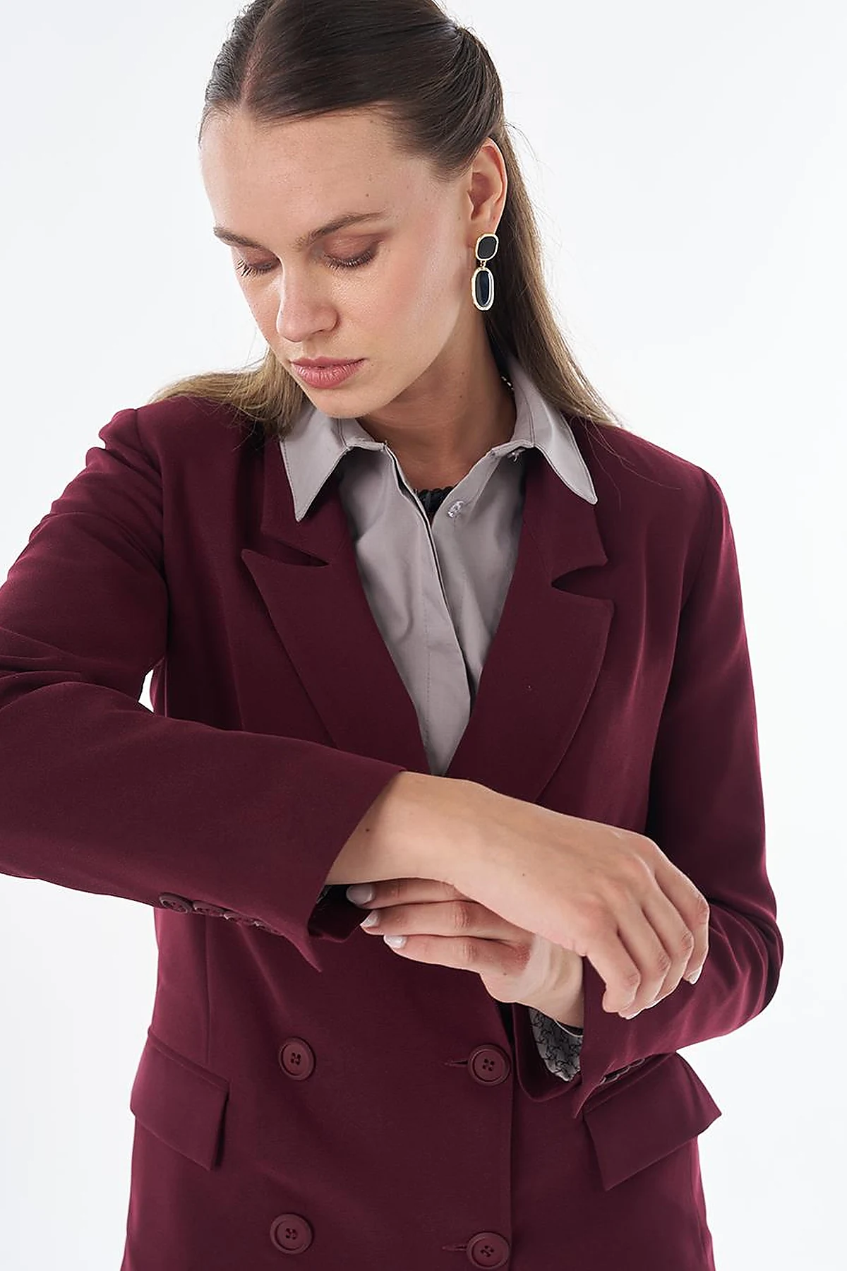 Cover Pocket Crepe Blazer Jacket Burgundy