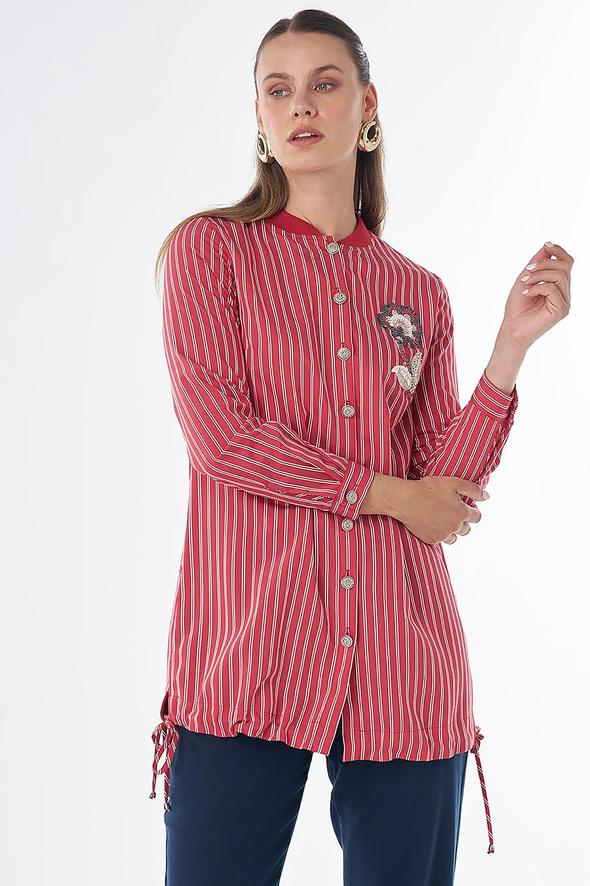 Embroidered Striped Tunic - Red
