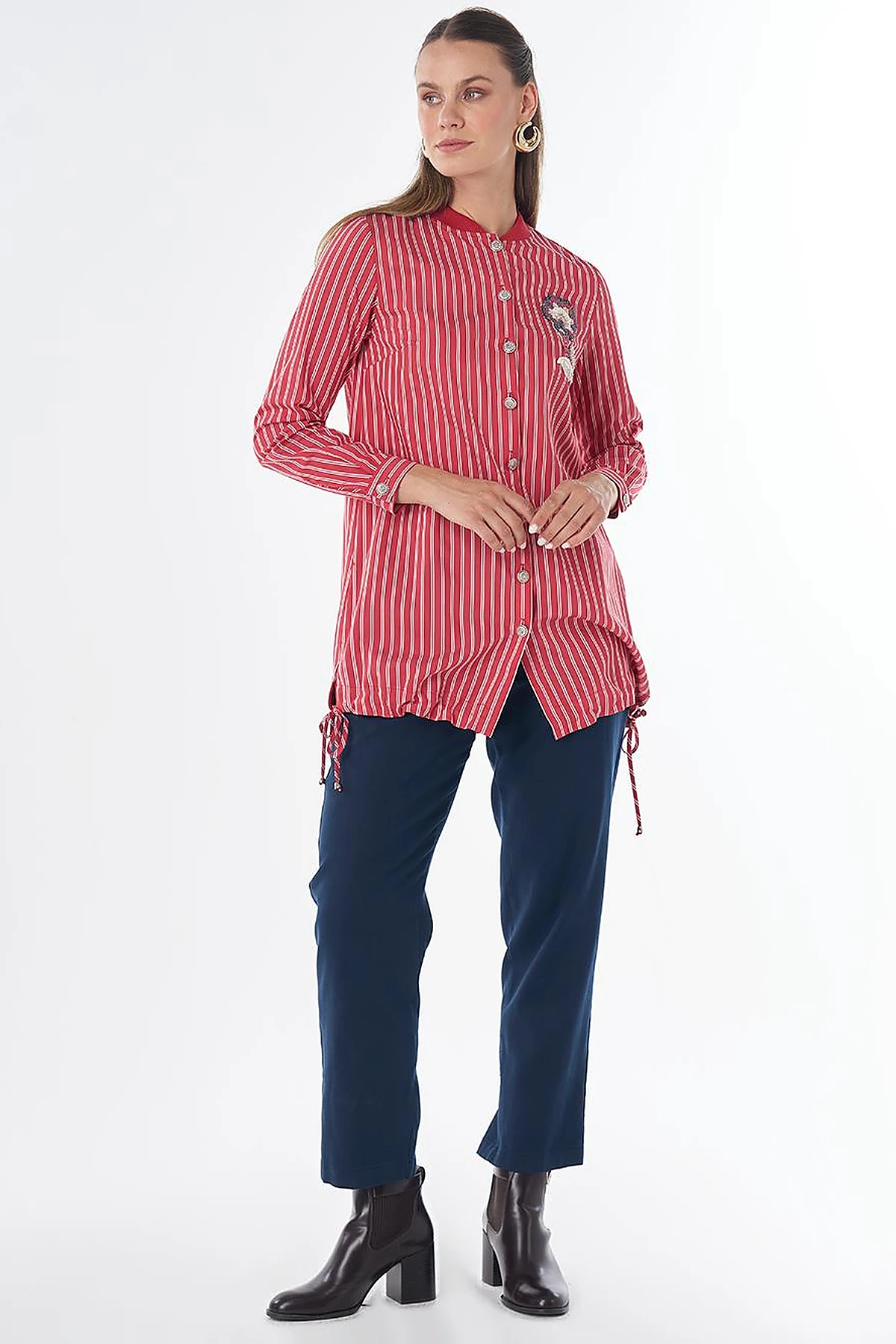 Embroidered Striped Tunic - Red