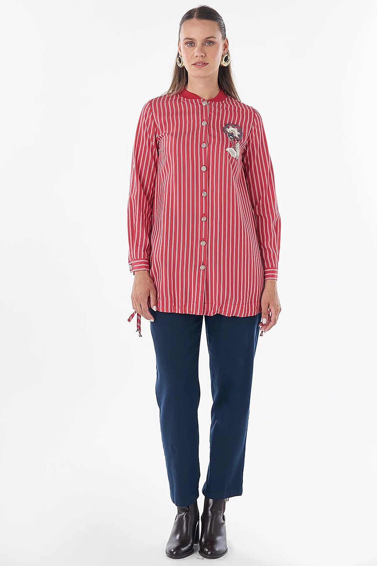 Embroidered Striped Tunic - Red