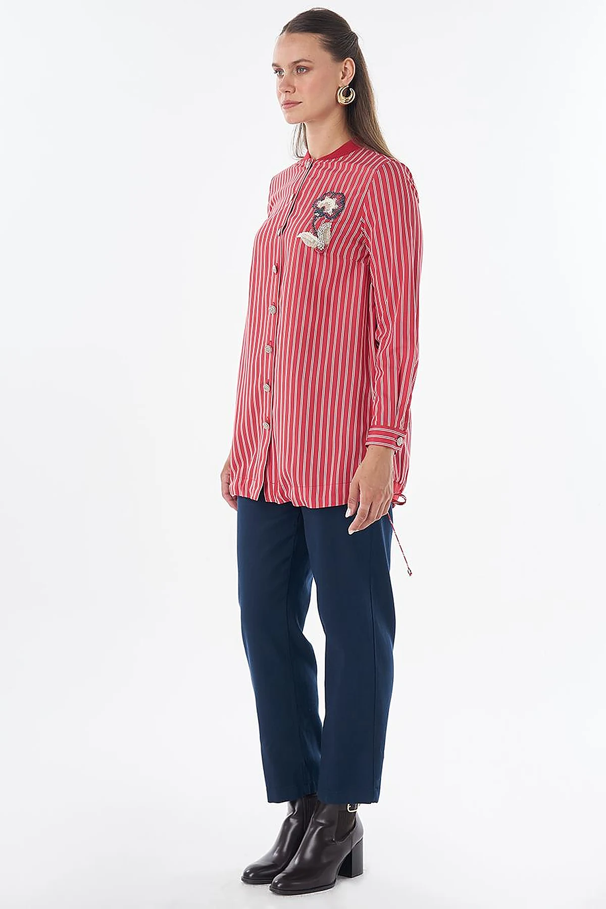 Embroidered Striped Tunic - Red