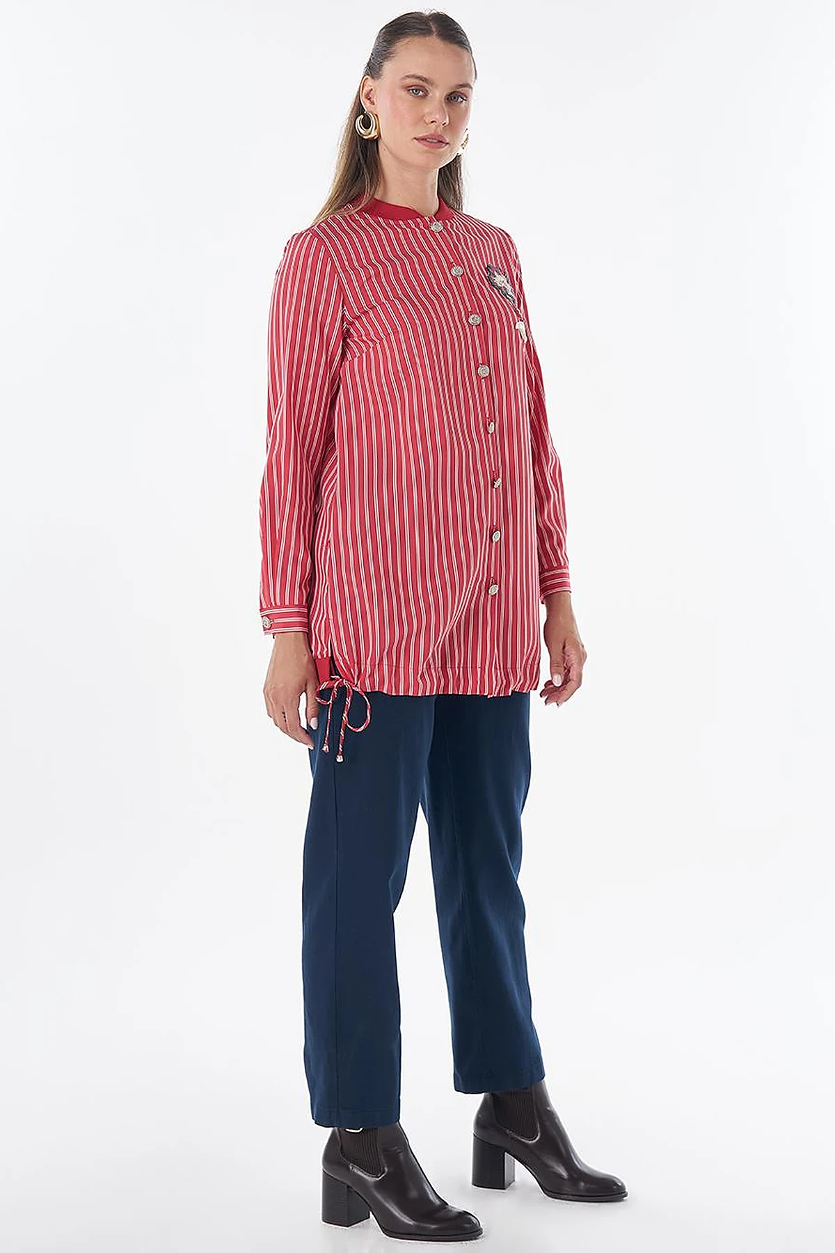 Embroidered Striped Tunic - Red