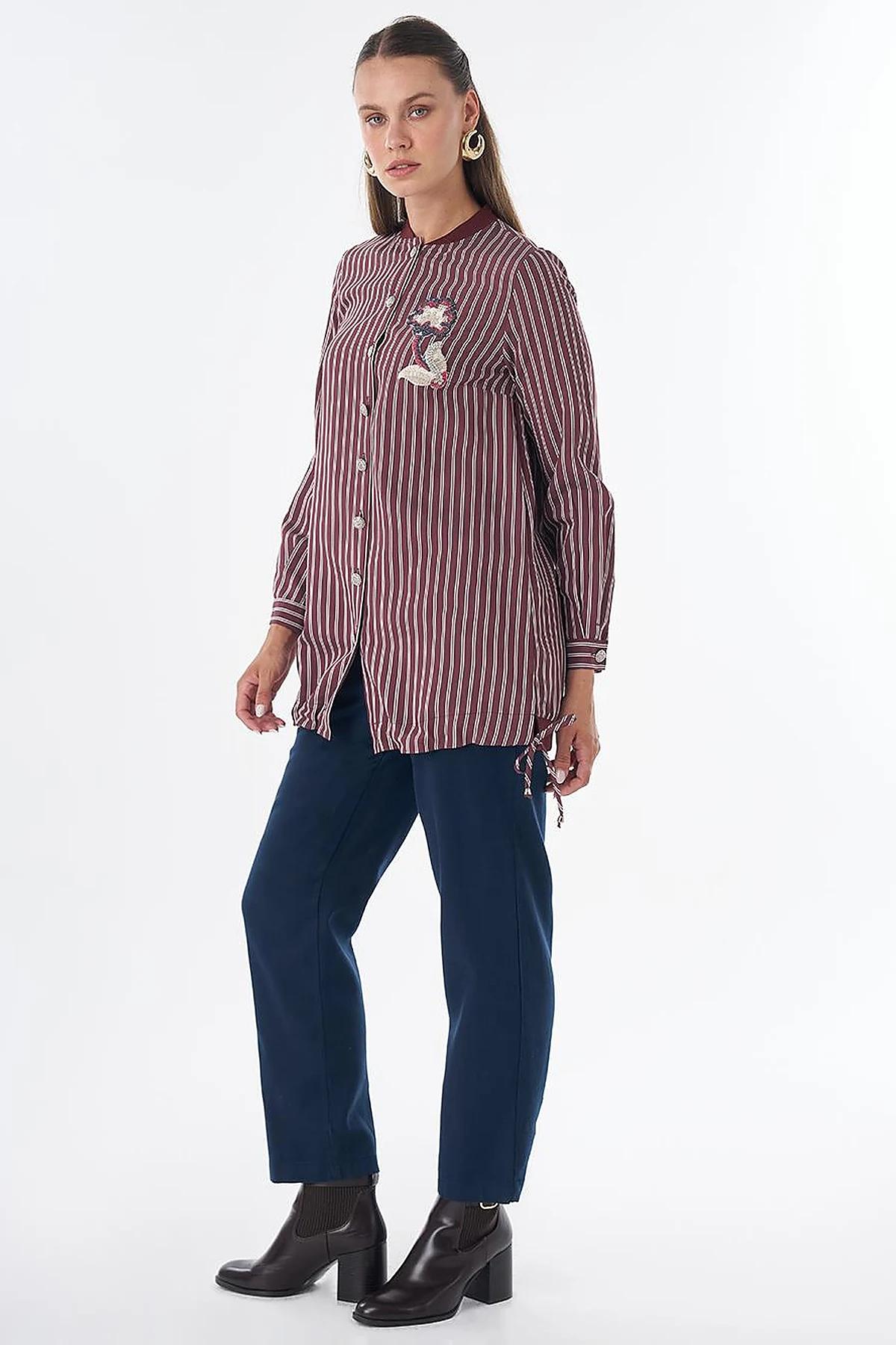 Embroidered Striped Tunic - Dark Burgundy