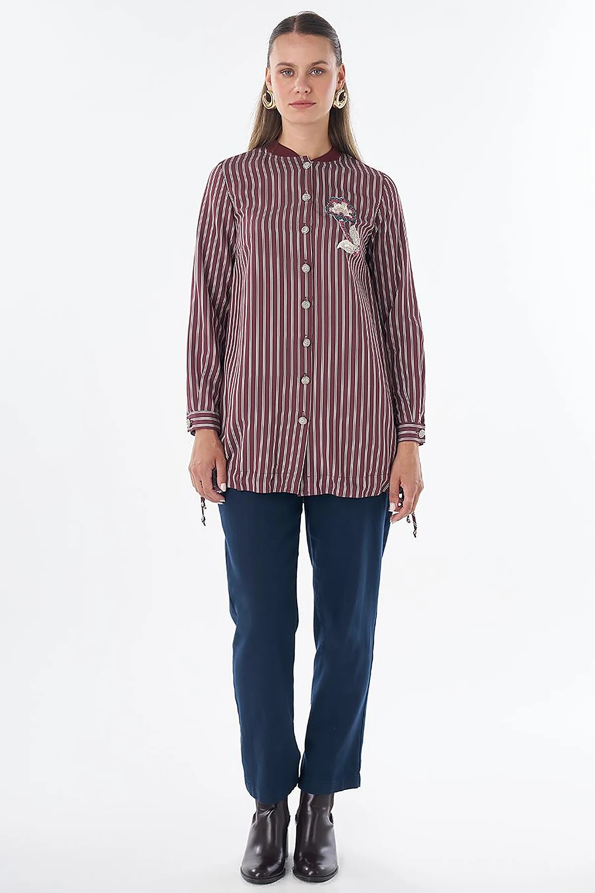 Embroidered Striped Tunic - Dark Burgundy