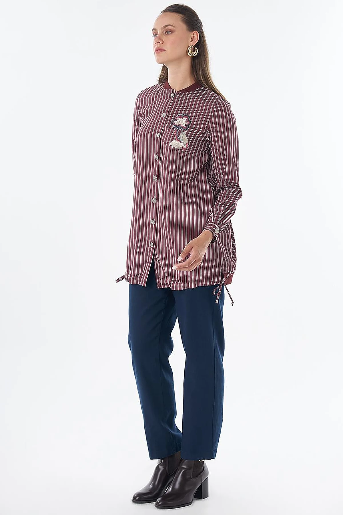 Embroidered Striped Tunic - Dark Burgundy