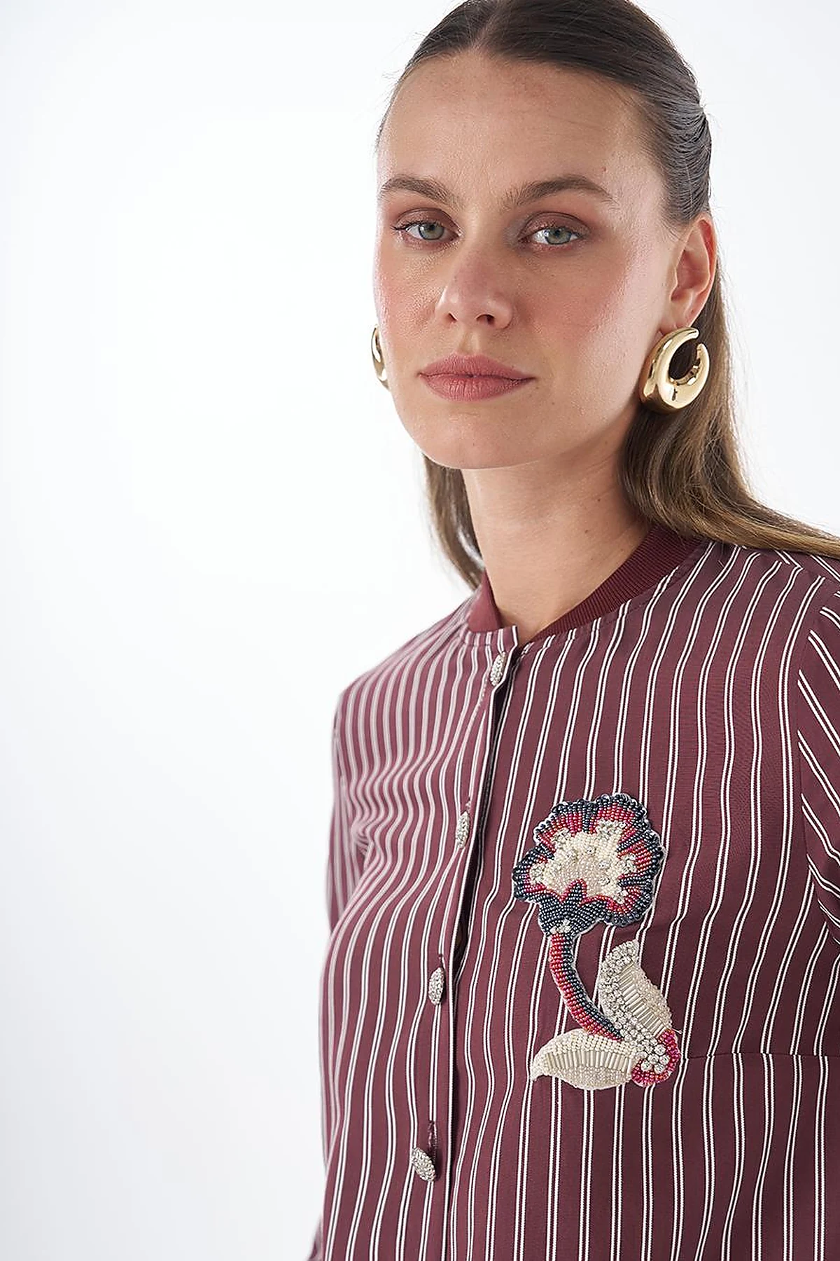 Embroidered Striped Tunic - Dark Burgundy