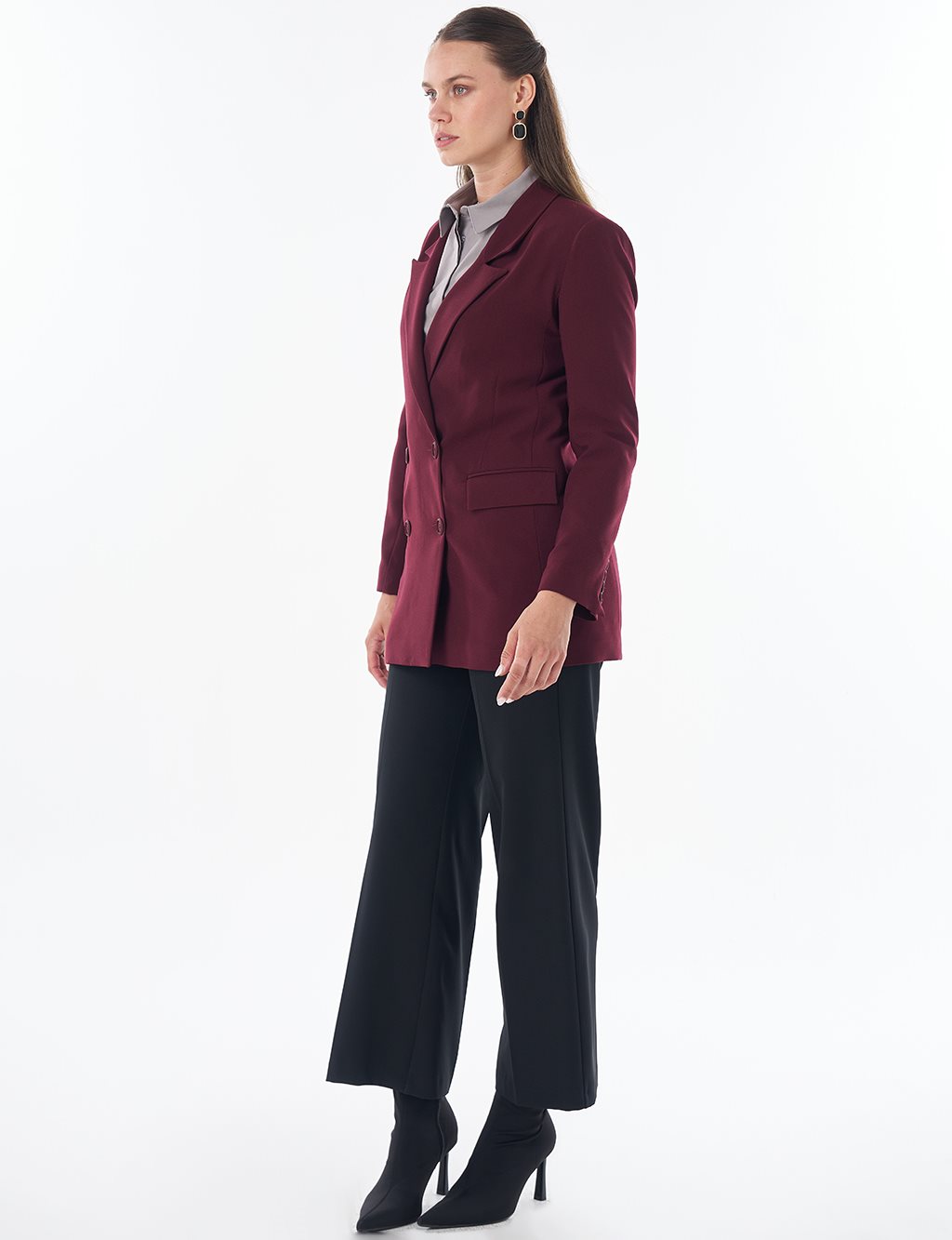 Cover Pocket Crepe Blazer Jacket Burgundy