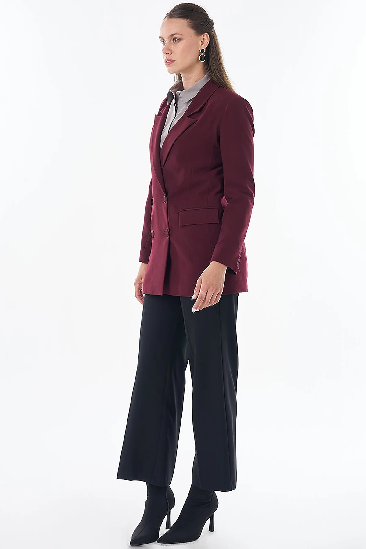 Cover Pocket Crepe Blazer Jacket Burgundy