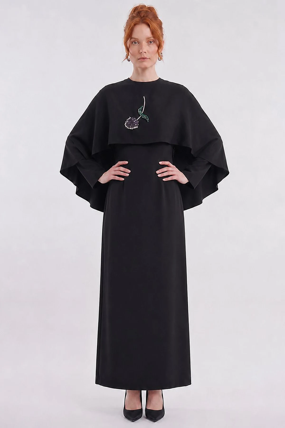 Cape Detailed Satin Dress – Black
