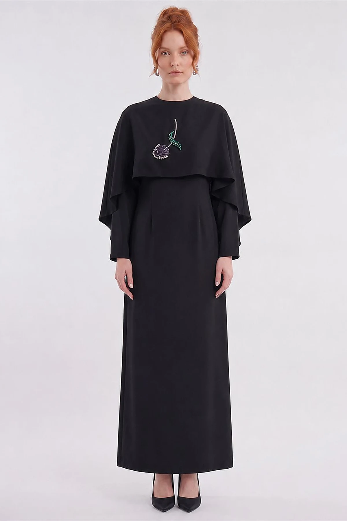 Cape Detailed Satin Dress – Black