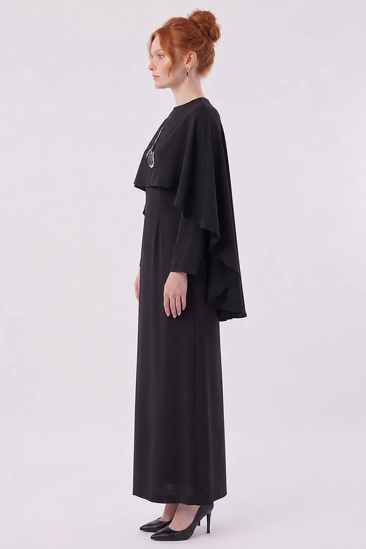 Cape Detailed Satin Dress – Black