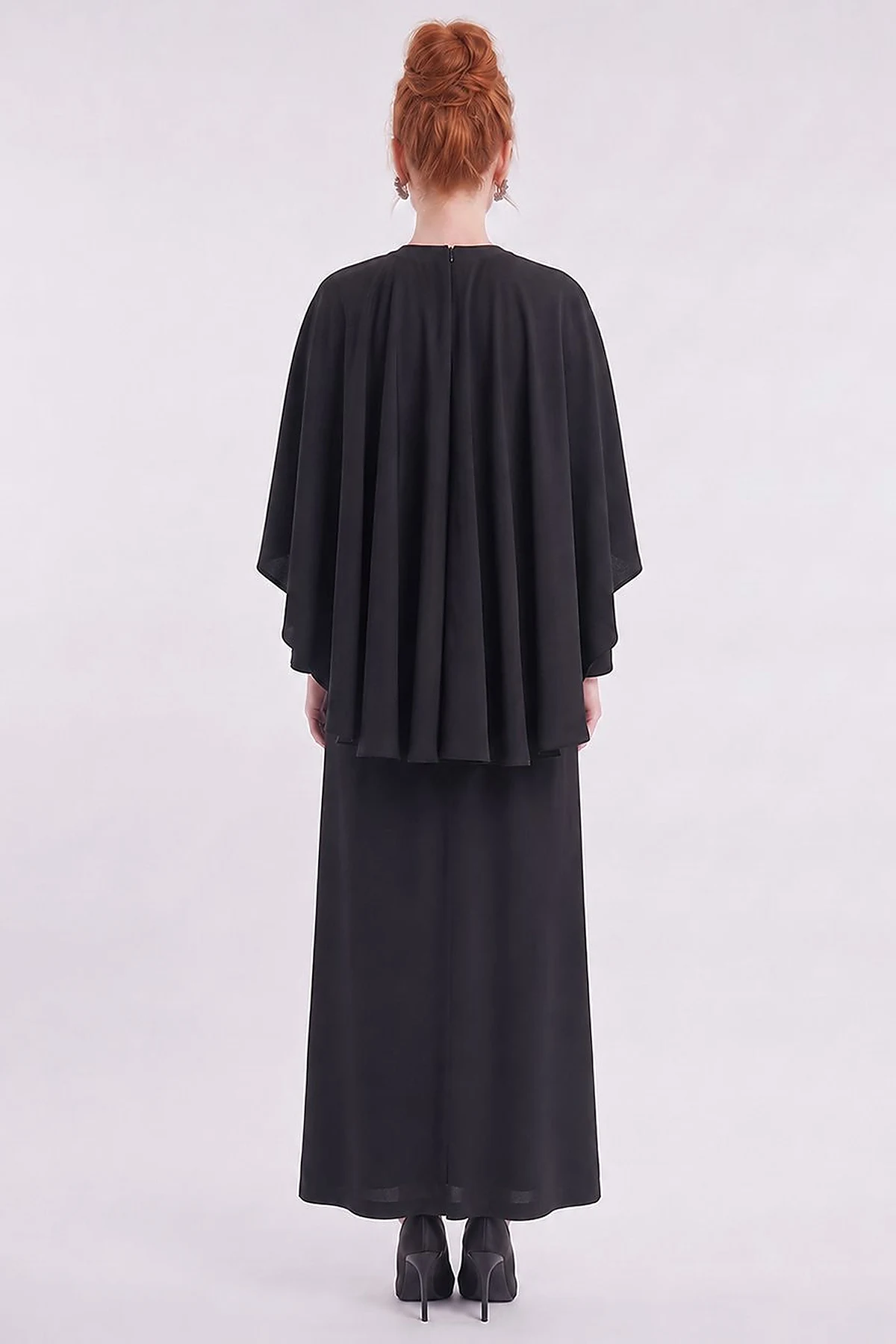 Cape Detailed Satin Dress – Black
