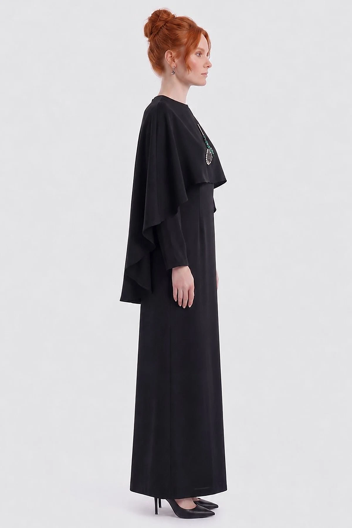 Cape Detailed Satin Dress – Black