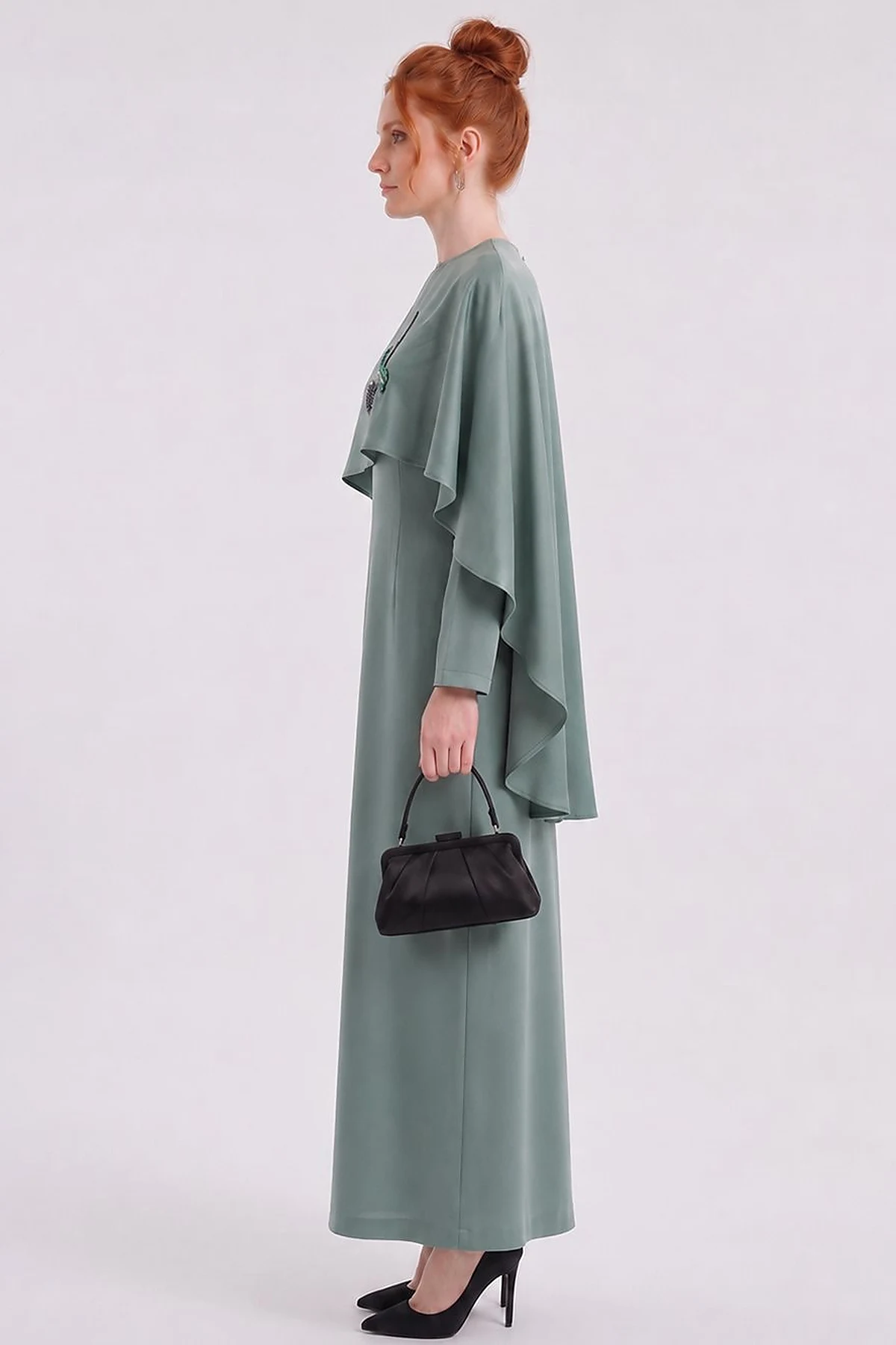 Cape Detailed Satin Dress – Moss Green