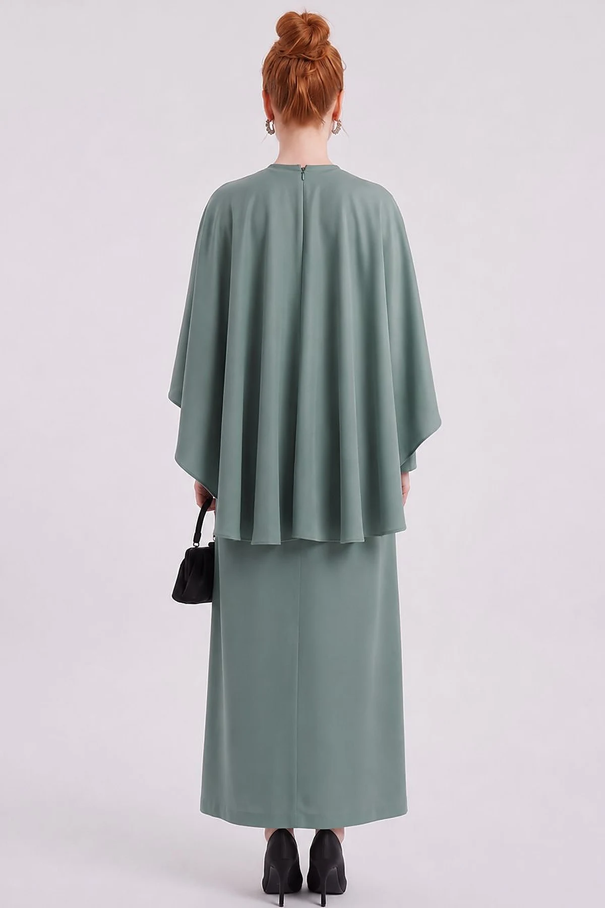 Cape Detailed Satin Dress – Moss Green