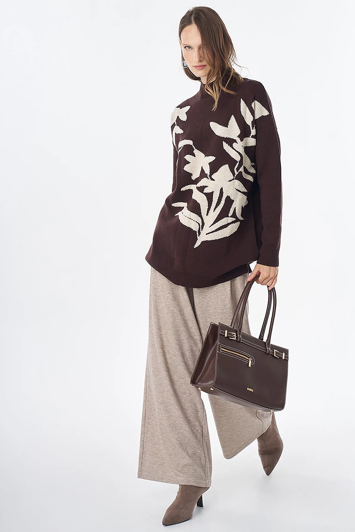 Leaf Pattern Knit Tunic – Dark Brown