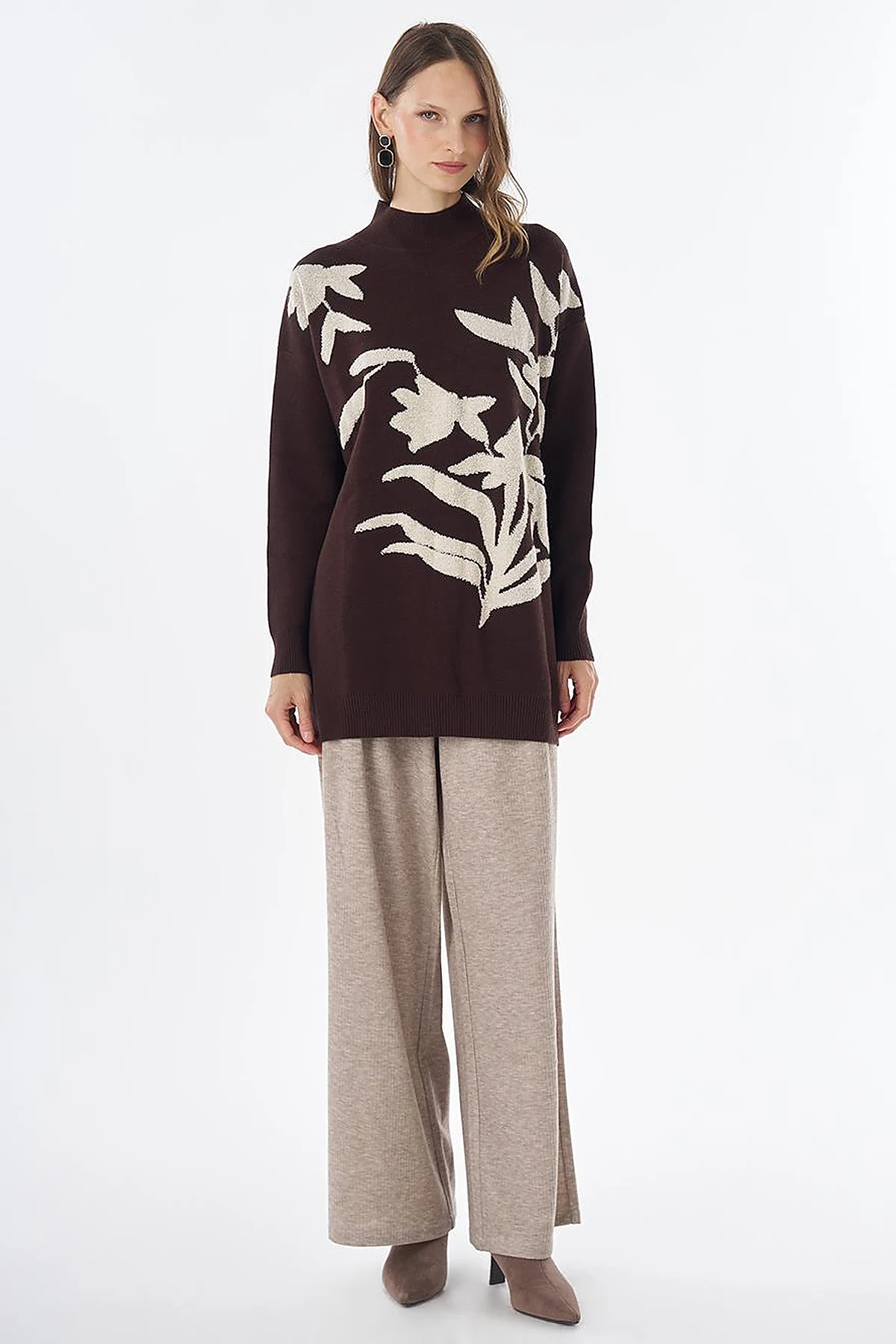 Leaf Pattern Knit Tunic – Dark Brown