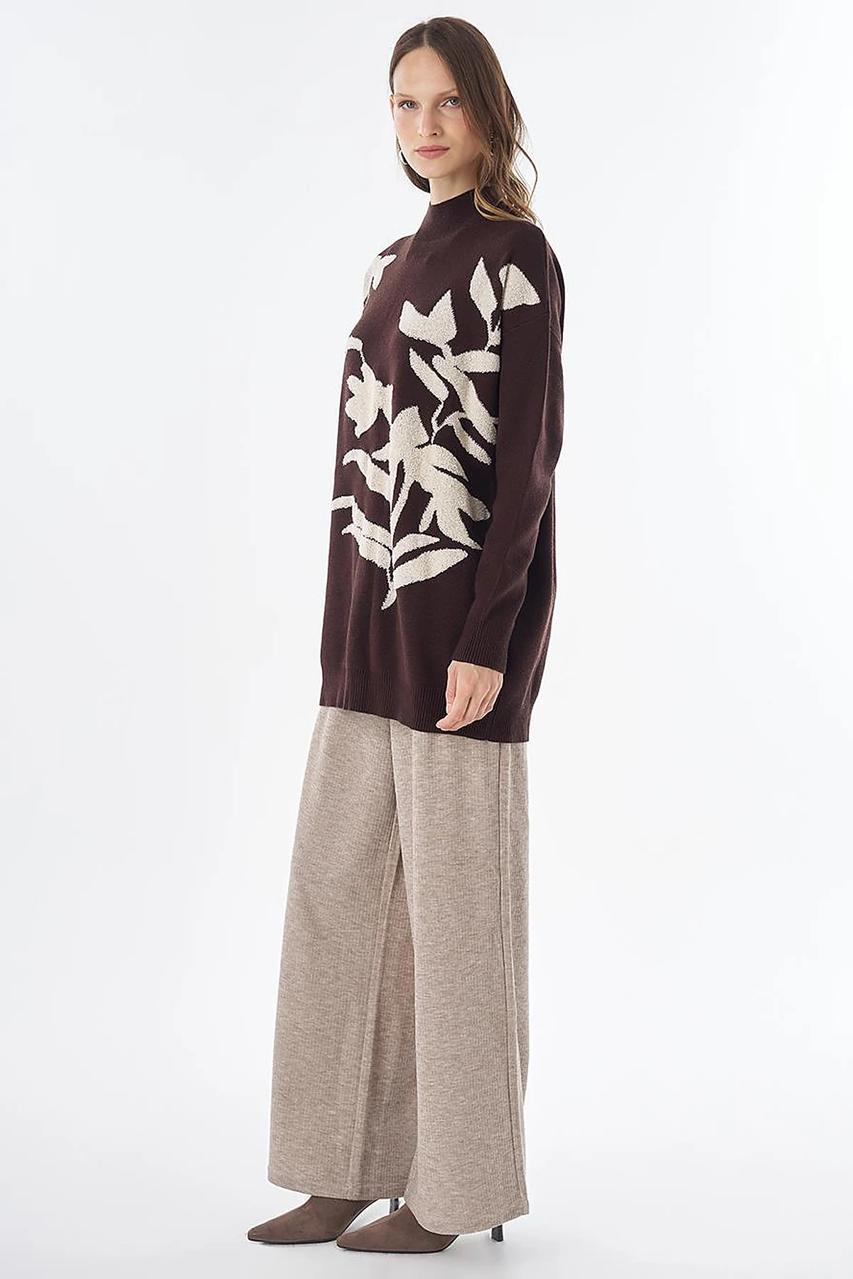 Leaf Pattern Knit Tunic – Dark Brown