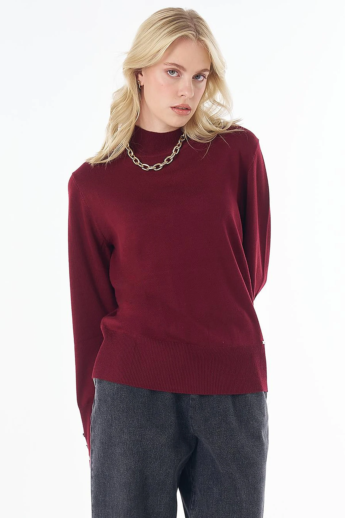 Basic Viscose Knit Sweater Dark Burgundy 