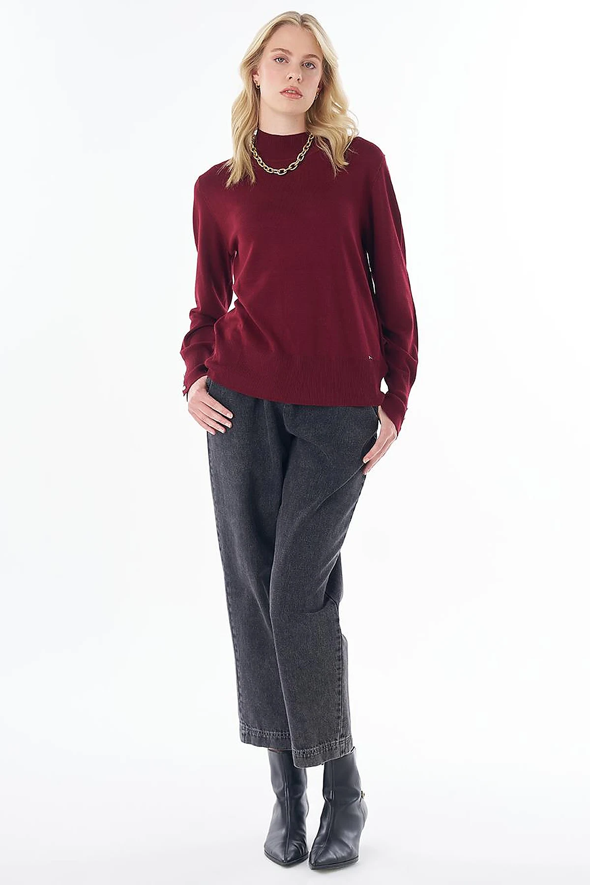 Basic Viscose Knit Sweater Dark Burgundy 