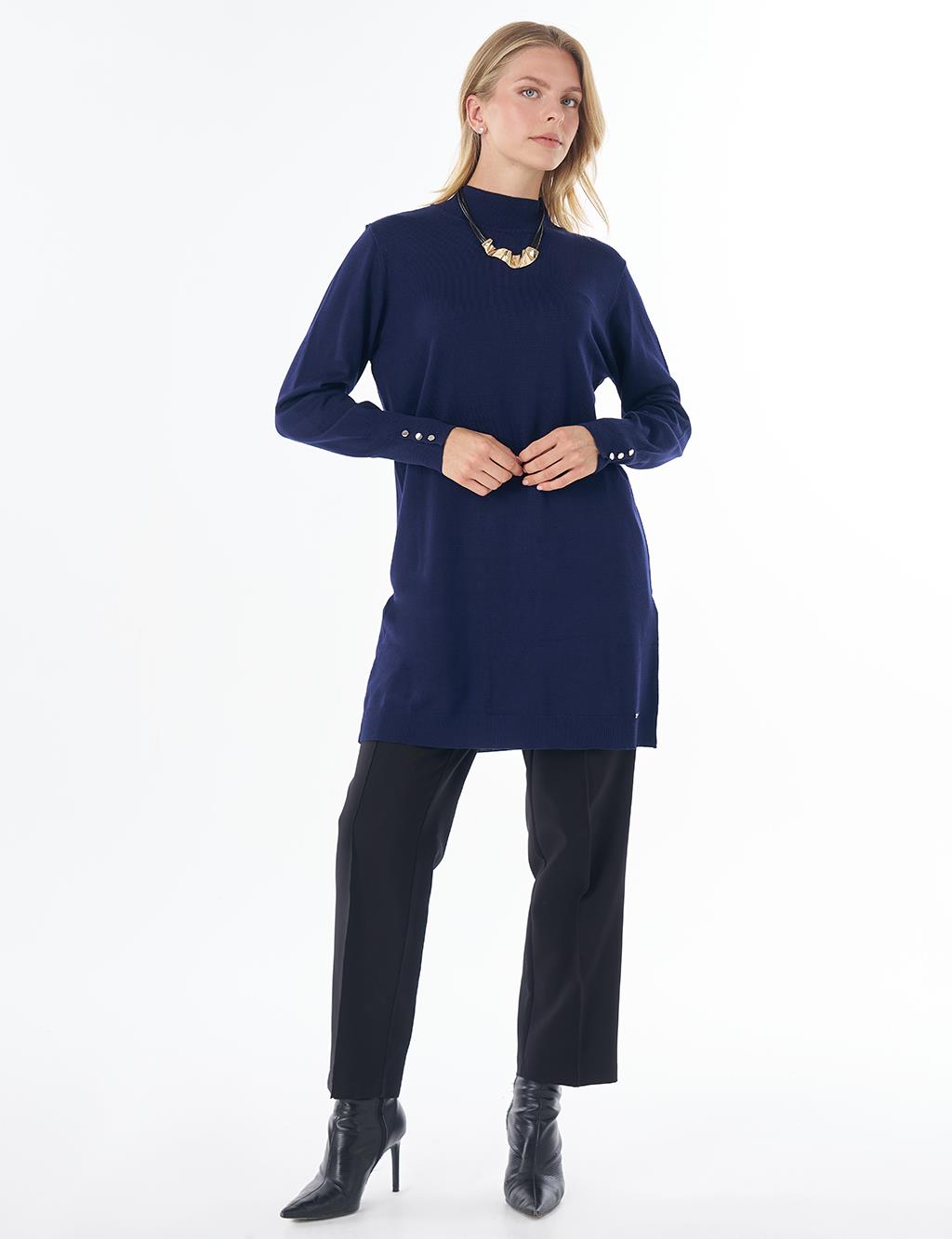 Balıkçı Yaka Basic Viskon Triko Tunik Lacivert