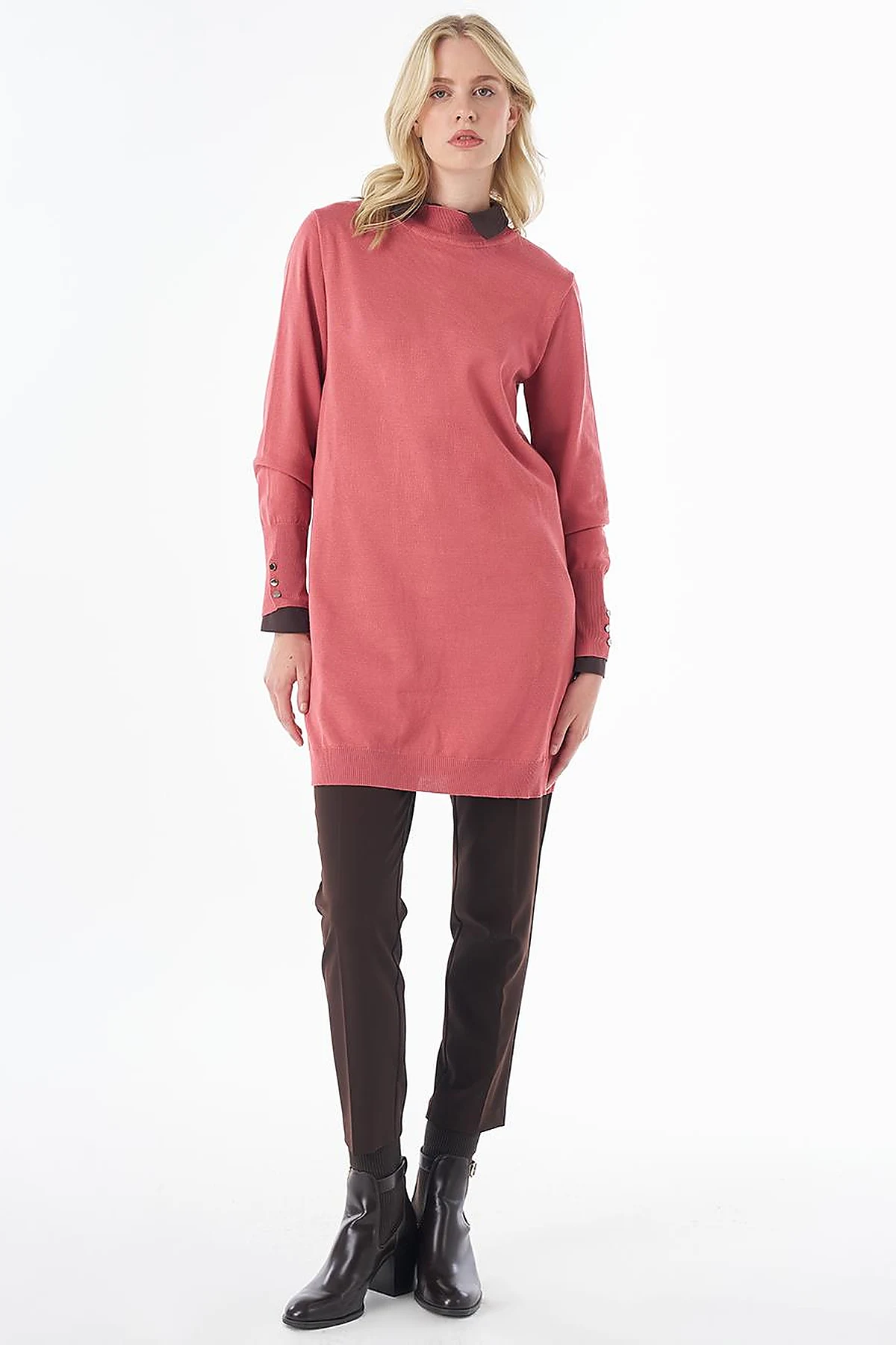 Turtleneck Basic Viscose Knit Tunic Dusty Rose
