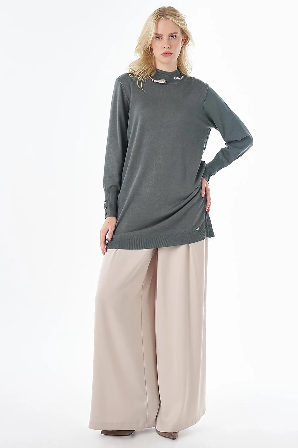 Turtleneck Basic Viscose Knit Tunic Moss Green