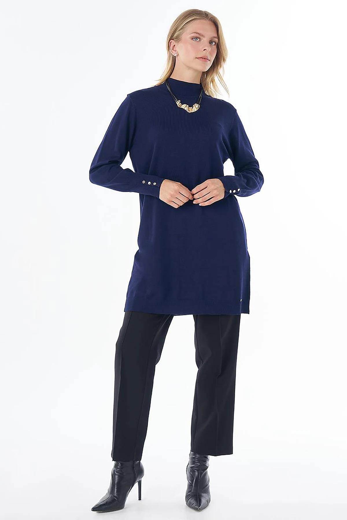 Turtleneck Basic Viscose Knit Tunic Navy Blue