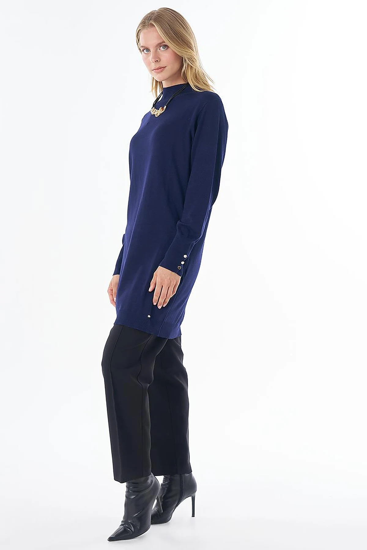 Turtleneck Basic Viscose Knit Tunic Navy Blue