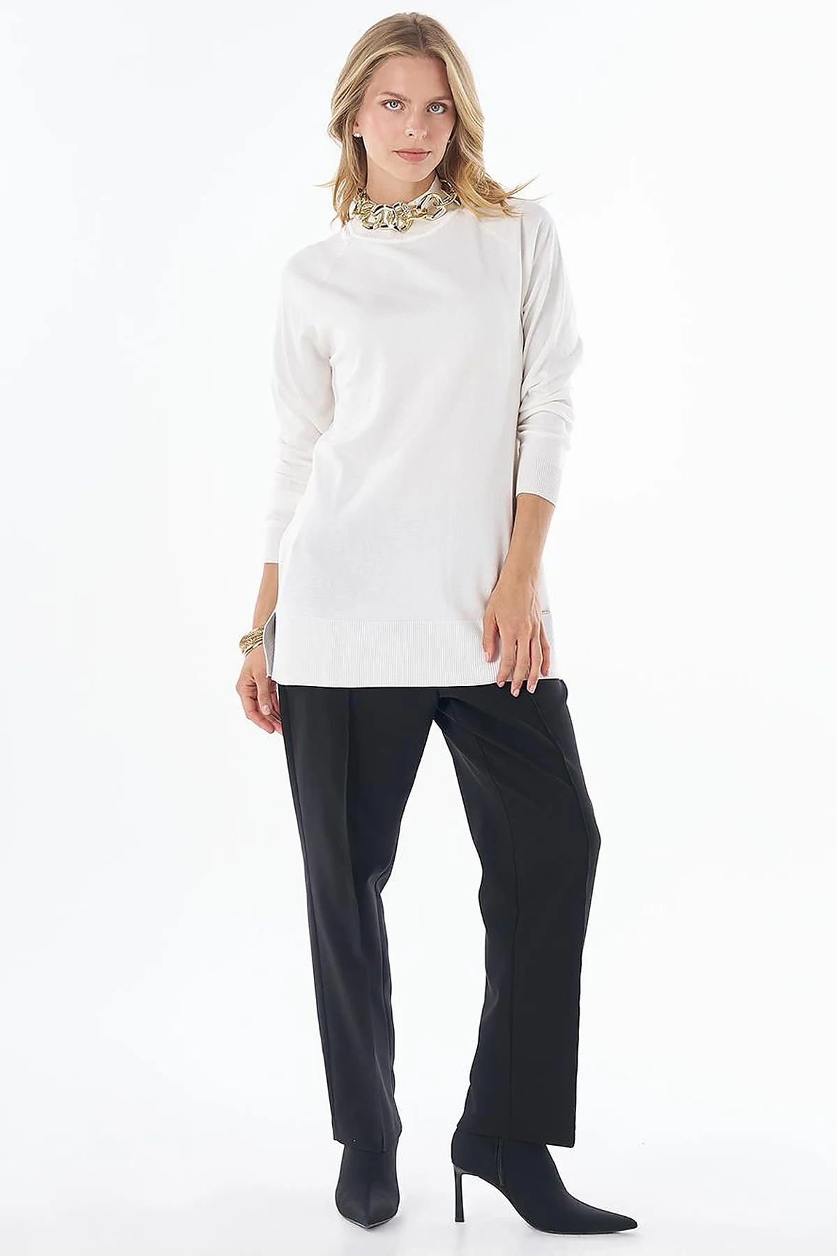 Half-Turtleneck Viscose Knit Tunic Ecru