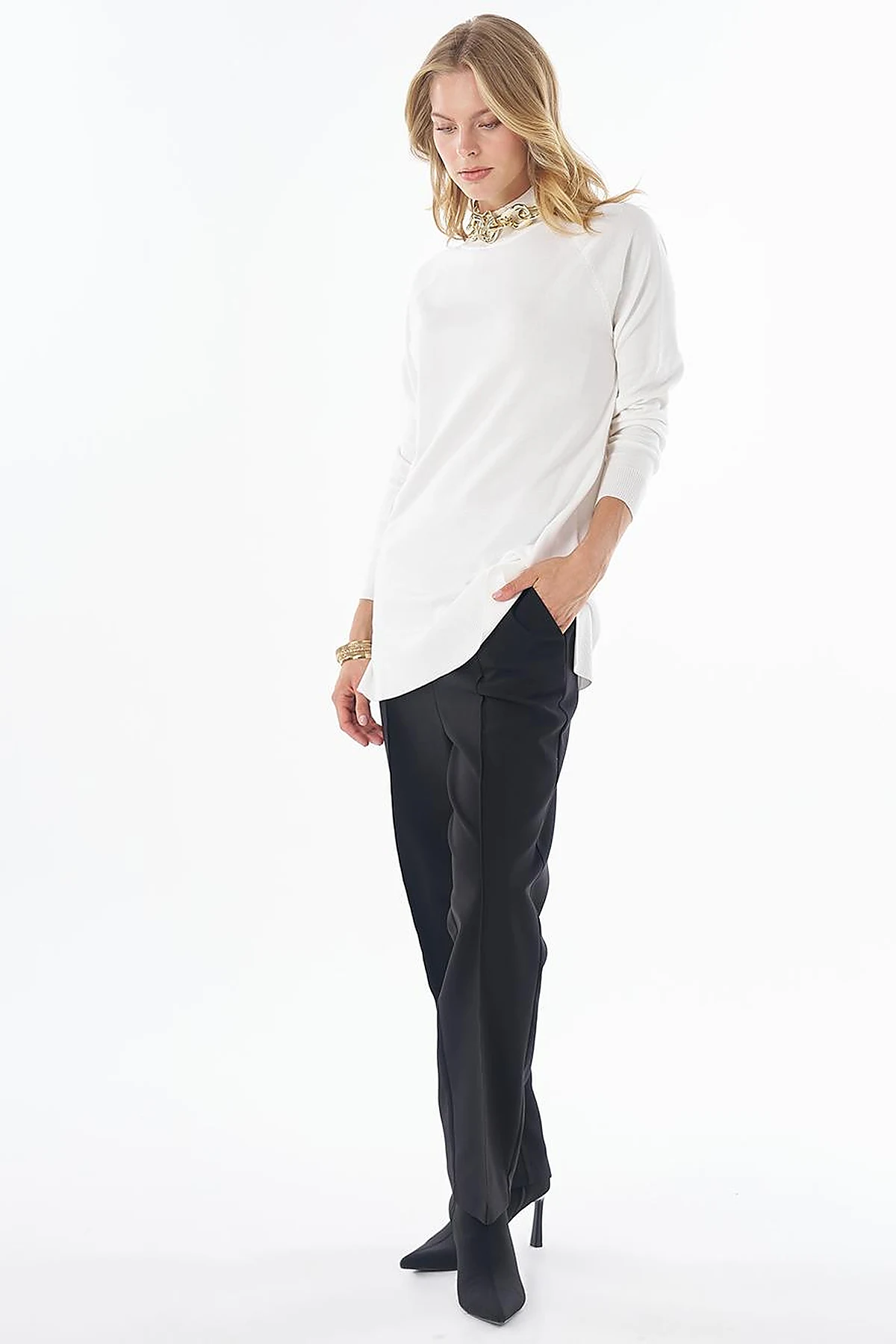 Half-Turtleneck Viscose Knit Tunic Ecru