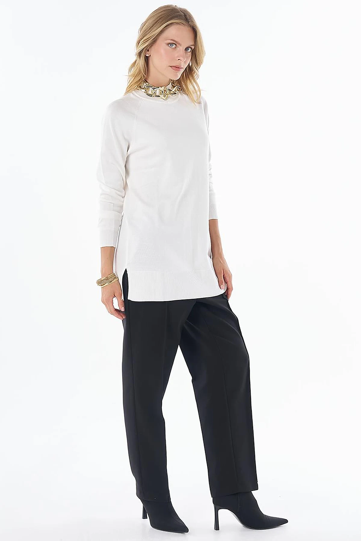Half-Turtleneck Viscose Knit Tunic Ecru