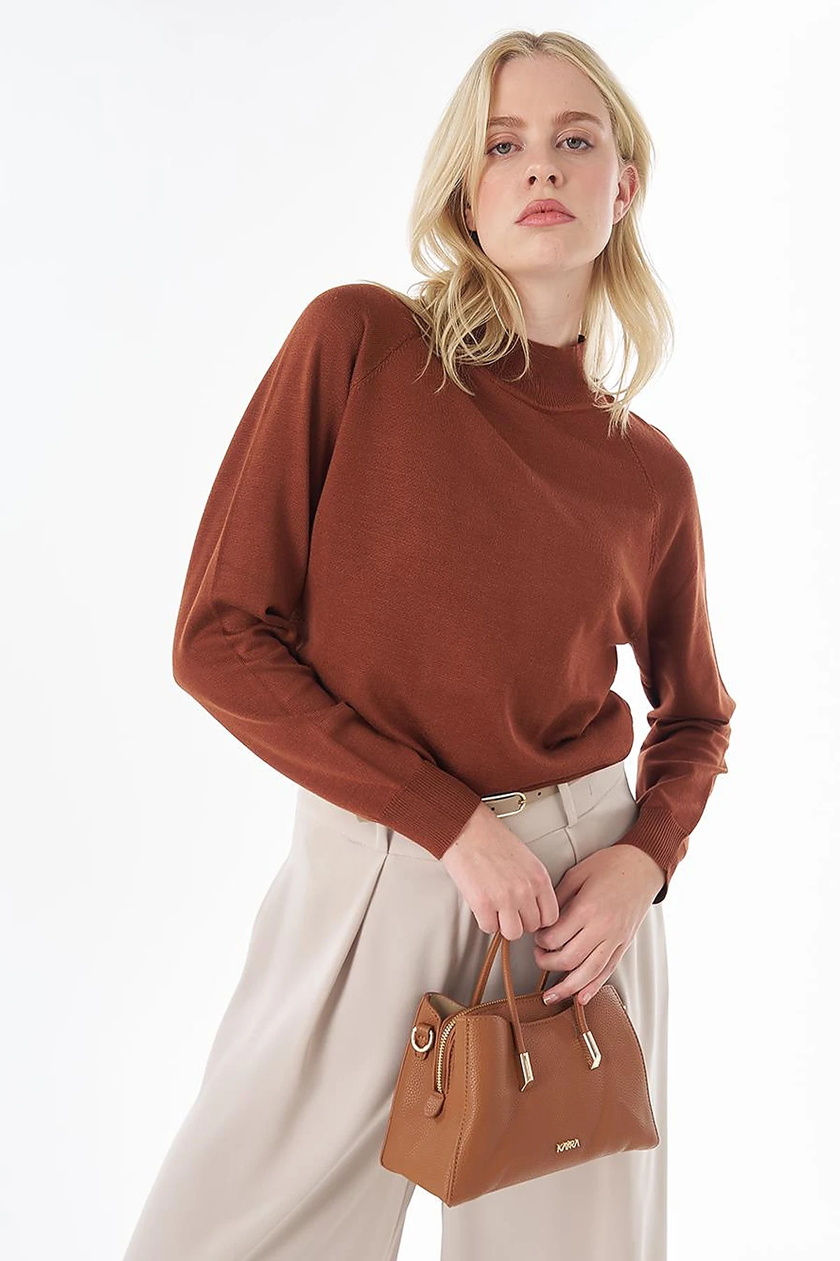 Half-Turtleneck Viscose Knit Tunic Rust Brown