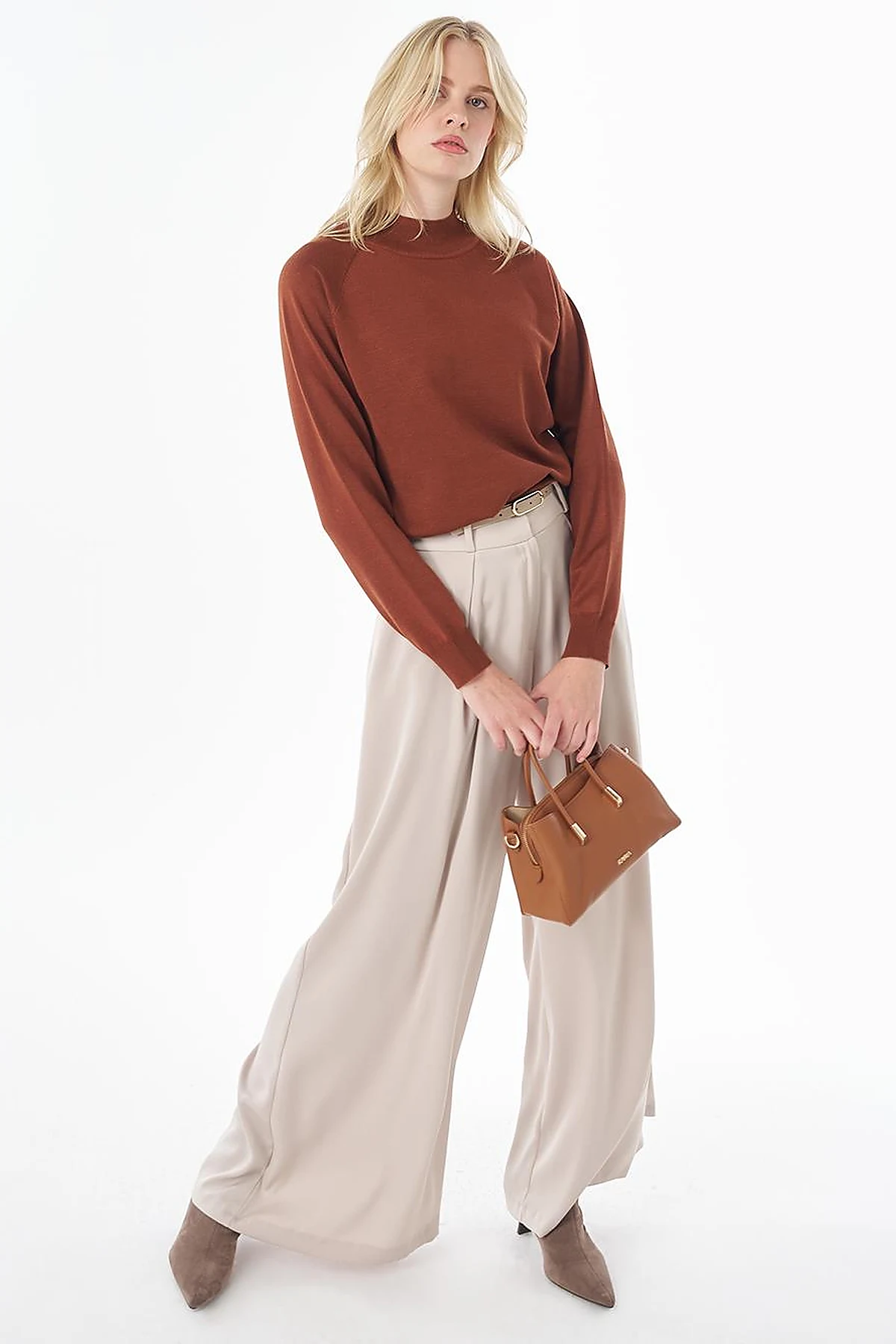 Half-Turtleneck Viscose Knit Tunic Rust Brown
