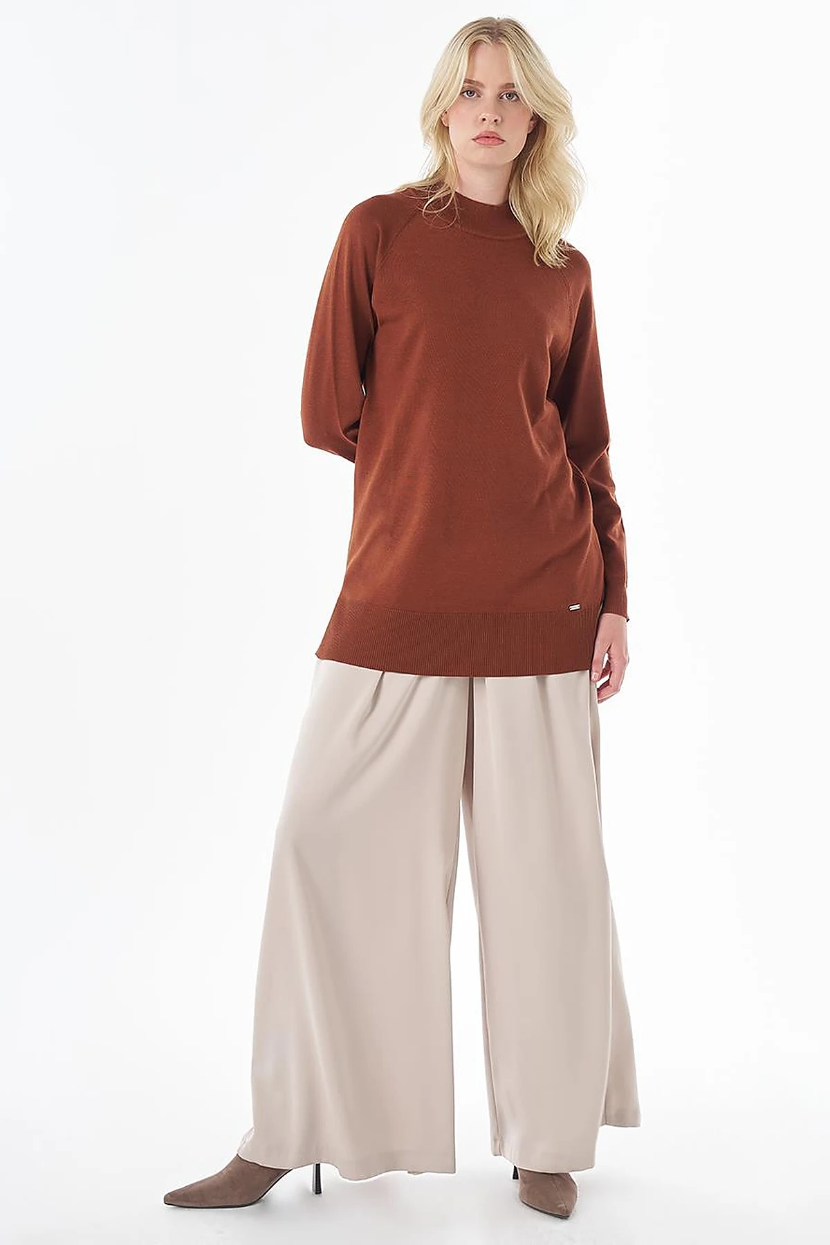 Half-Turtleneck Viscose Knit Tunic Rust Brown