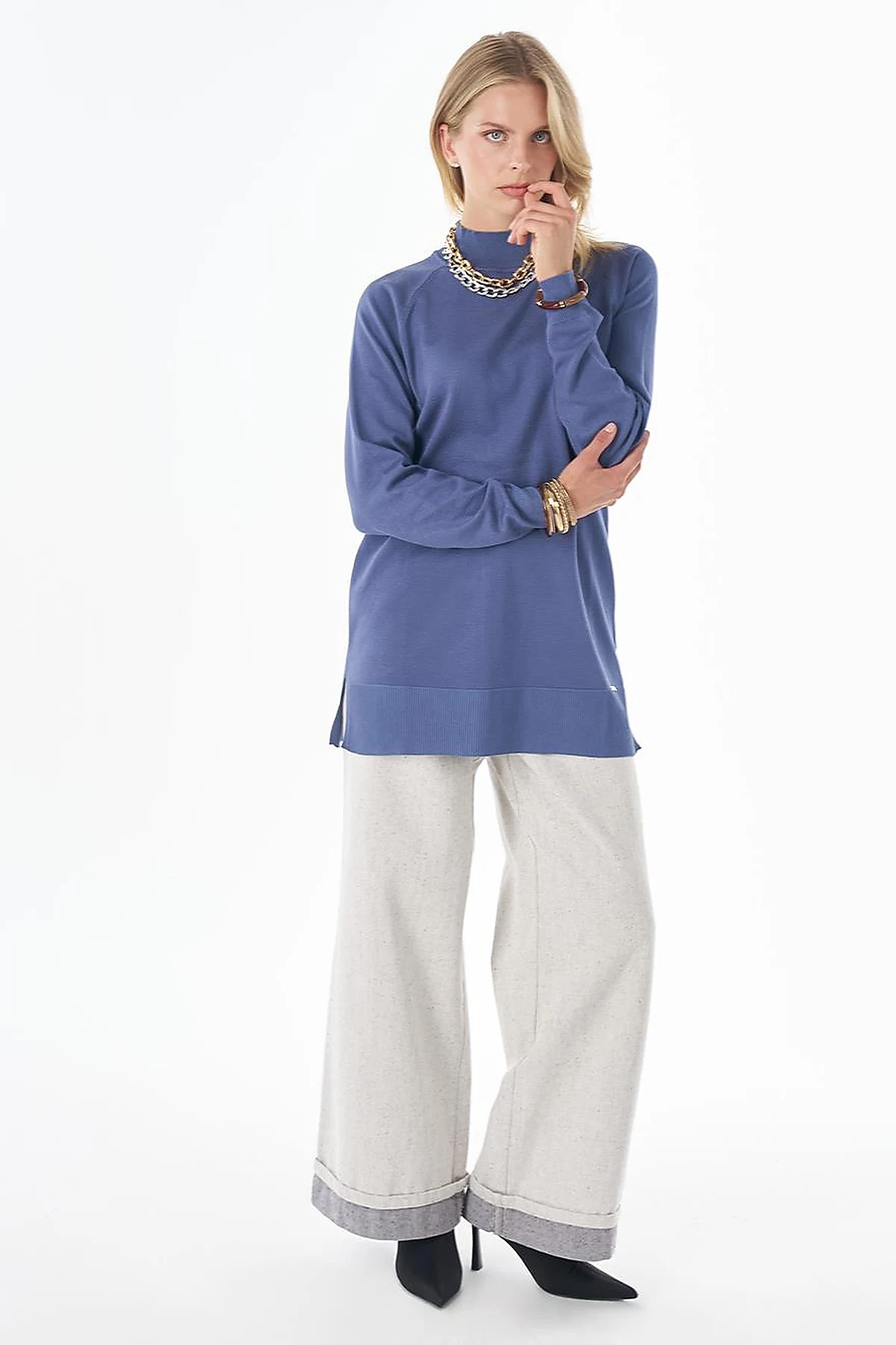 Half Turtleneck Viscose Knit Tunic Crown Blue