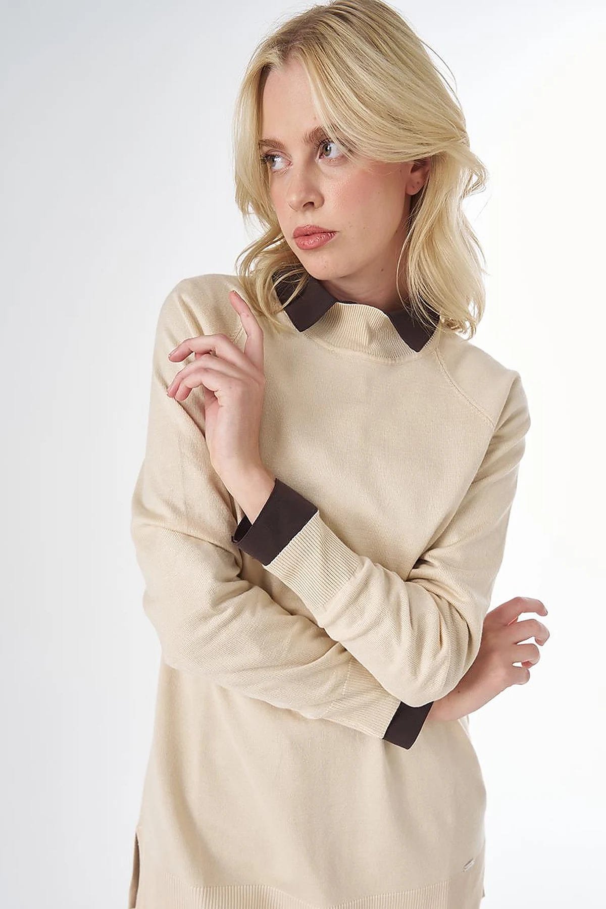 Half-Turtleneck Viscose Knit Tunic Stone 