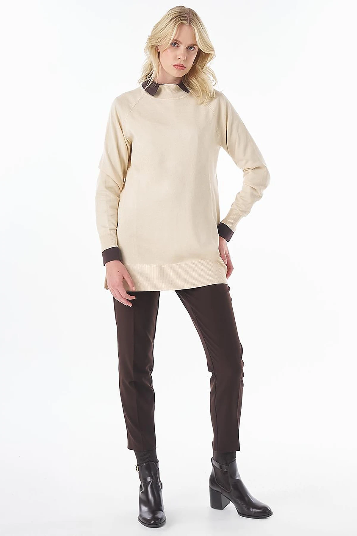 Half-Turtleneck Viscose Knit Tunic Stone 