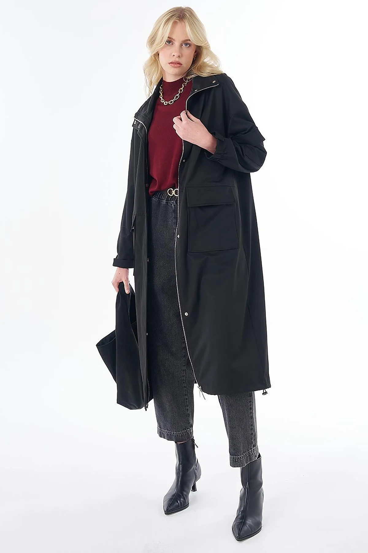 Stand Collar Trench Coat with Patch Pockets – Black