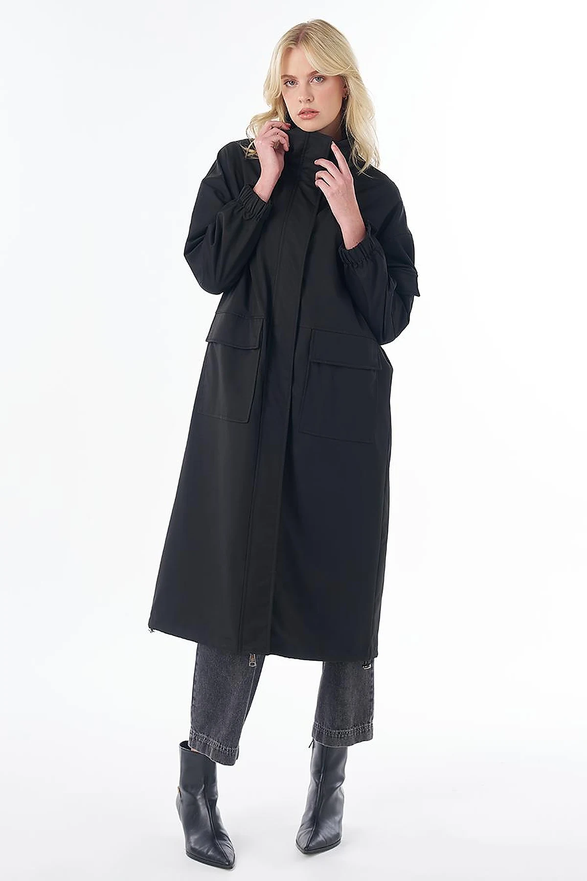 Stand Collar Trench Coat with Patch Pockets – Black