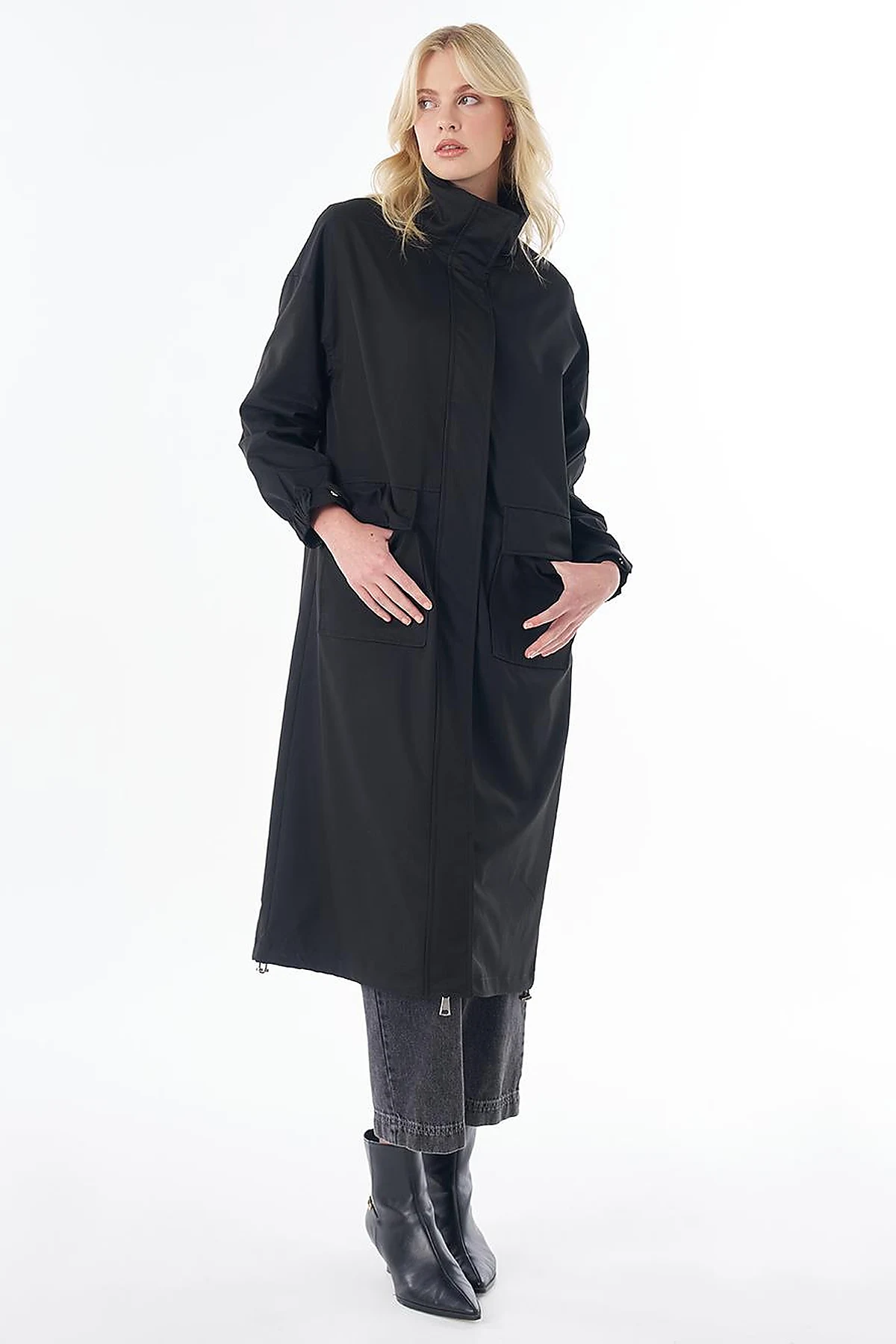 Stand Collar Trench Coat with Patch Pockets – Black