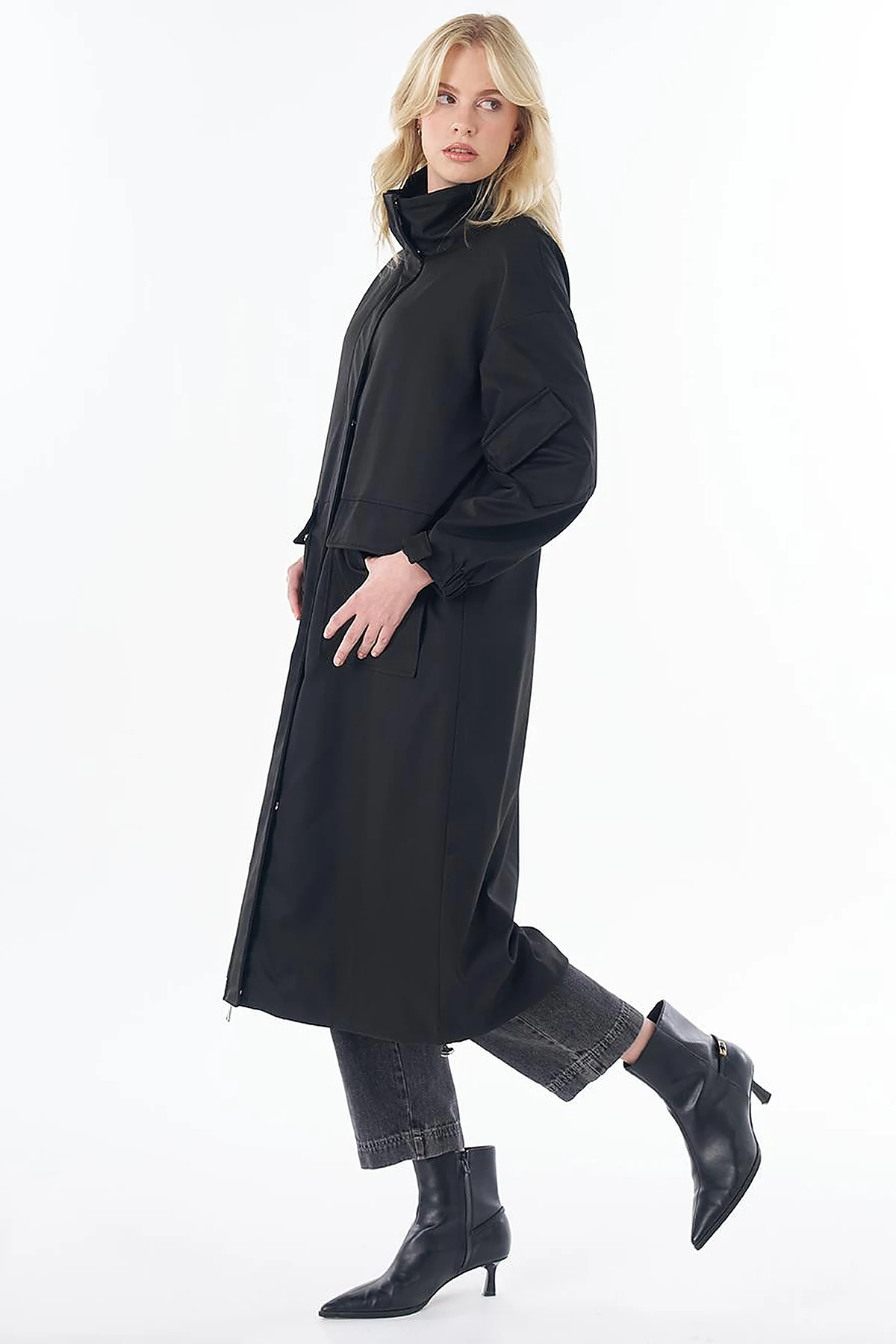 Stand Collar Trench Coat with Patch Pockets – Black