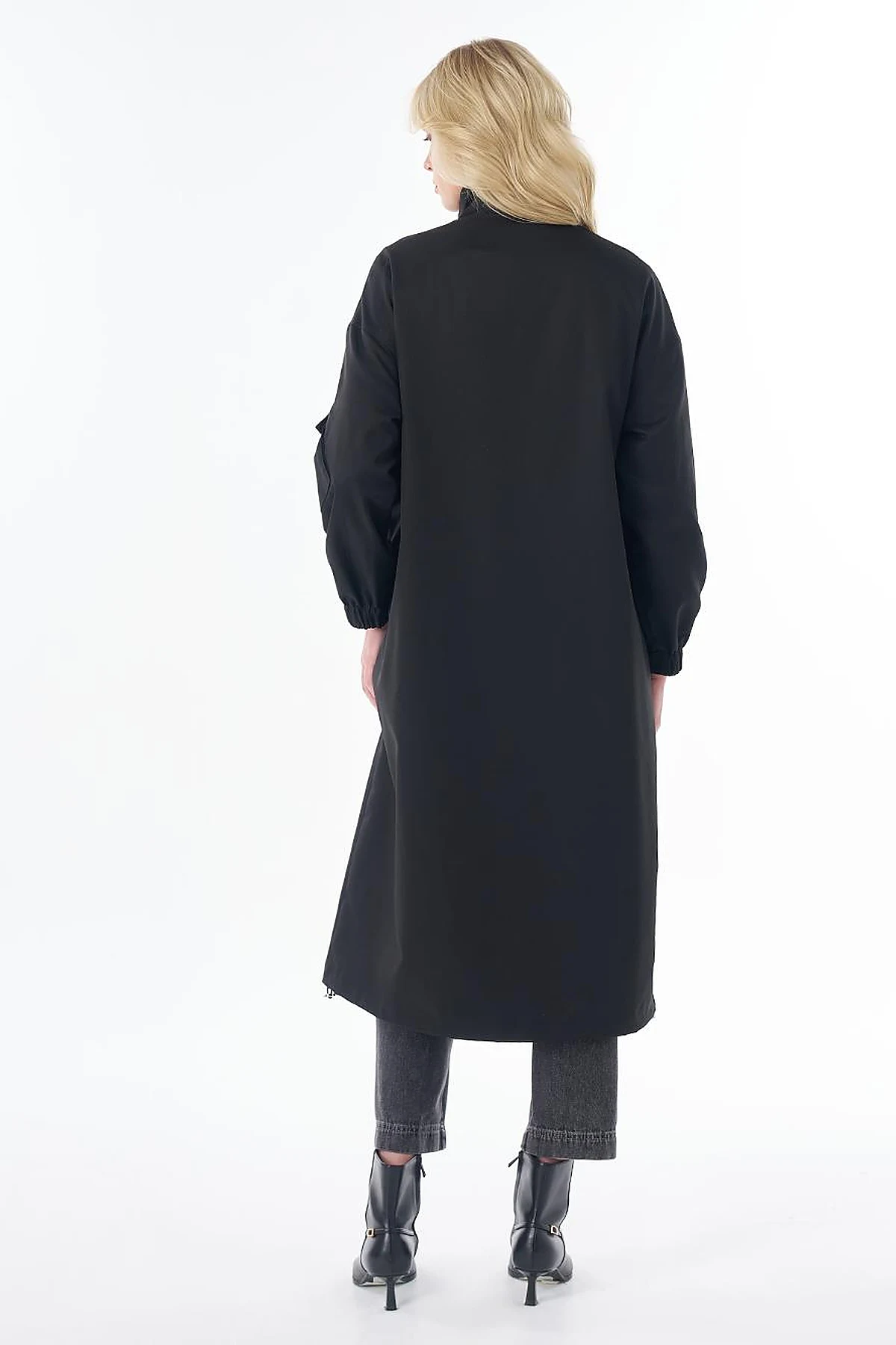 Stand Collar Trench Coat with Patch Pockets – Black